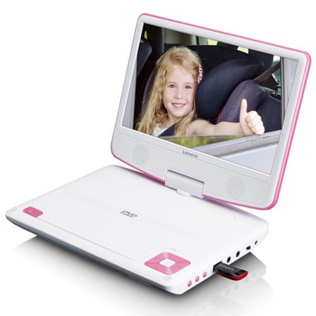 Bärbar 9" DVD-spelare med USB-hörlurar och monteringsfäste Rosa