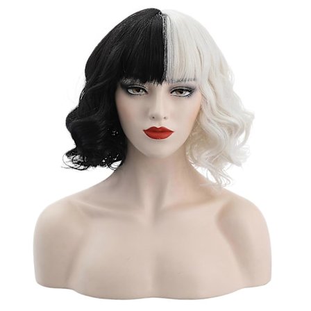 Cruella Peruukki Eloisat Tyylit Aaltoileva Korkean Lämpötilan Kuitu Puoli Musta Pieni Lyhyt Kihara Cos Peruukki Cosplay Työkalut QinHai