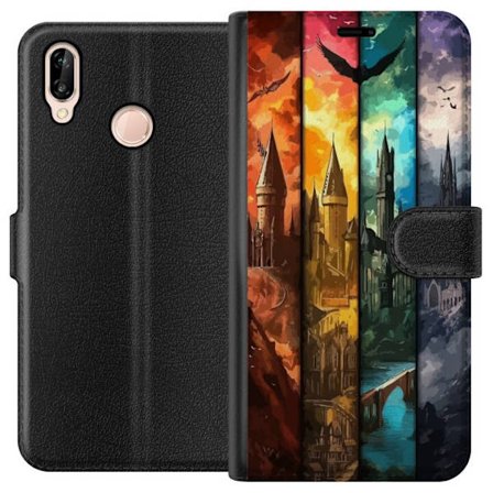 Kompatibel Tegnebogsetui til Huawei Huawei P20 lite Fire magiske slotte i forskellige elementfarver, episk fantasykunst med ild vand luft og mørke i