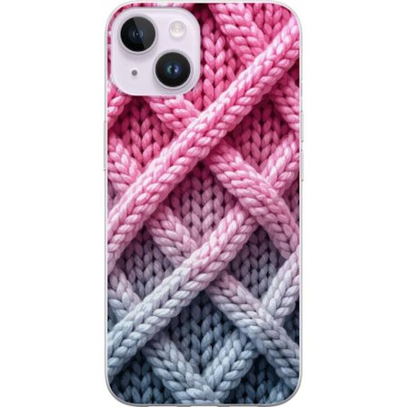 Kompatibel Mobilcover til Apple iPhone 15 Plus Nærbillede af vævet tekstilmønster i nuancer af lyserød, grå og hvid med taktil struktur