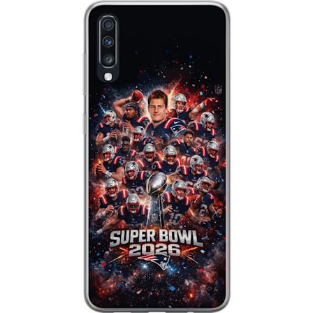 Yhteensopiva Puhelinkuori Samsung Galaxy A70 Super Bowl 2026 juliste, jossa New England Patriots ja NFL-mestaruuspalkinto räjähtävän urheilullisessa s