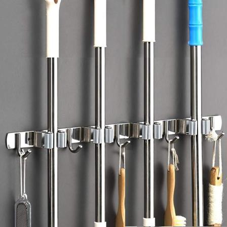 Piao Vægkost - Kostholder i rustfrit stål, Opbevaringsbøjleholder til køkken, garage, vaskerum (4 steder og 5 kroge)