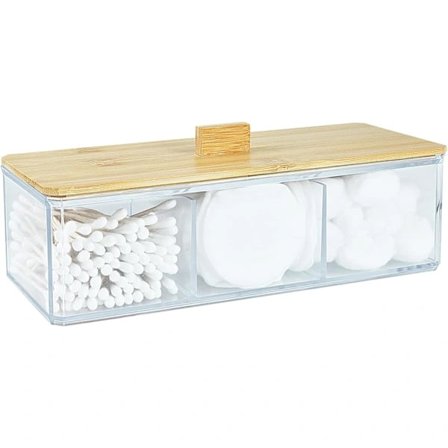 Akryl Q-tips holder dispenser med trælåg, 3 rum vatpindeholder