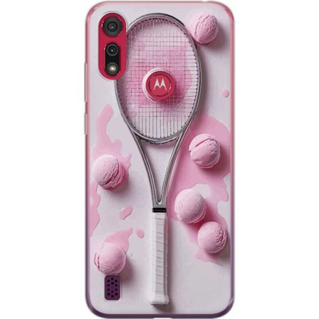 Kompatibel Mobilcover til Motorola Motorola Moto E6s (2020) Rosa glaskugler og tennisketsjer i et kreativt stillbillede med legende popfølelse og mod