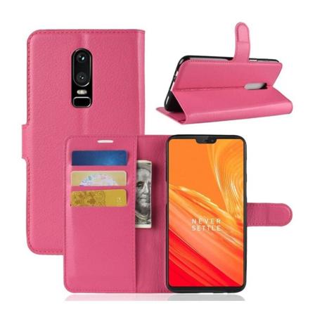 Oneplus 6 beskyttelsesetui i kunstlæder med Litchi overflade. Med stativ og kortlommer - Rosa Pink