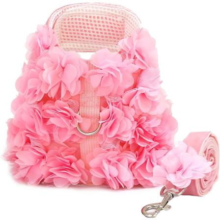 Søt Lite Hundeseletøy og Leiebåndsett Rosa Blonder Blomster Jente Valp Sele for Små Hunder Katter Mykt Mesh Lite Størrelse Hund V