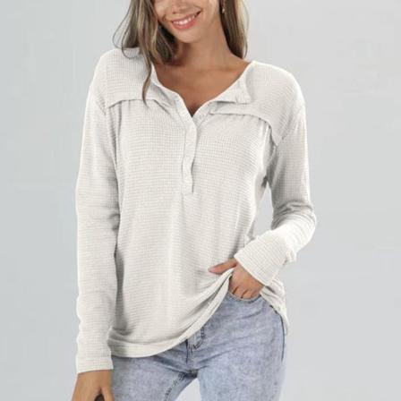 Damer Button Down Tunika Blus Waffle Pullover