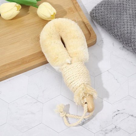 Massasjebørste med villsvinbust, håndholdt kroppsbørste, rund badebørste, badebørste i tre + hampetau surret med grovt tau (23*9*4,5 cm)