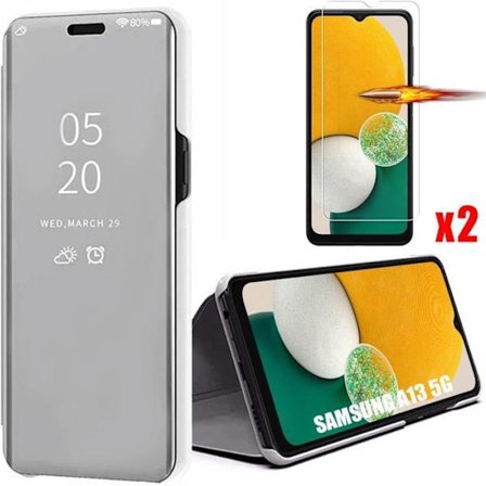 Fodral till Samsung Galaxy A13 5G Smart Fodral Mirror Effect Clear View Silver + 2 härdade glasögon