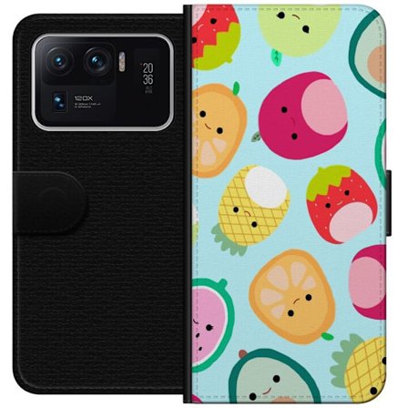 Kompatibelt Lommeboketui til Xiaomi Mi 11 Ultra Mønster av kawaii-frukter som jordbær sitron ananas og avocado på lyseblå bakgrunn