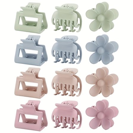 12 Sæt Små Hårklemmer til Tyndt og Tykt Hår, 3 Former Små Rektangulære Hårklemmer, Søde Blomster Hårklemmer til Kvinder, Medium Hårklemme Hår Tilbehør
