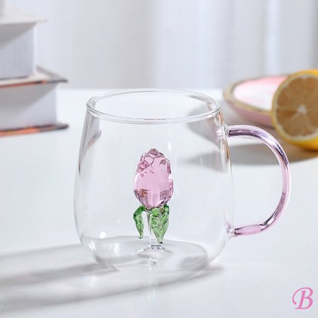 3D Rose glass kopp med håndtak Husholdnings frokost kopp for juice