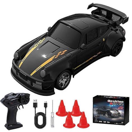 Mini RC Drift Auto, 1:64 Kaukosäätöinen, 4WD Pöytäkone RC Auto LED-Valolla, Lelahja 6 Vuotiaille (Musta)