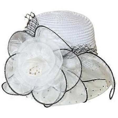 Elegant Bowlerhatt for jenter Kvinner Fascinator Fiskerhatt med stor blomst Sommer Organza Hatt Bredbremmet Hvit One Size (Hvit)