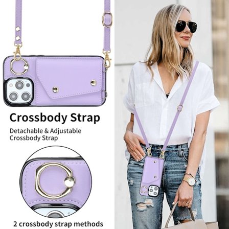 iPhone 16 Plus -kotelo, violetti crossbody-lompakko vetoketjullisella korttipidikkeellä