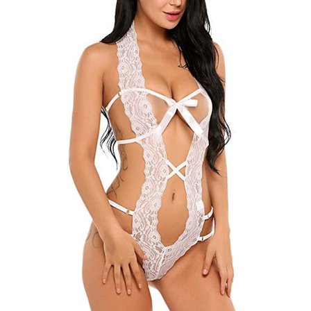 Dame Deep V Halter Lingeri Teddy Ét Stykke Bodysuit Blonde Babydoll