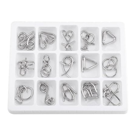 15 stk metalltråd puslespill, hjernetrim IQ-test utfloking jernlenke opplåsing interlock spill for festgave