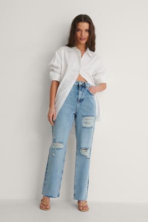NA-KD Trend Jean droit taille haute déchiré - Jean taille haute - Bleu - EU 32