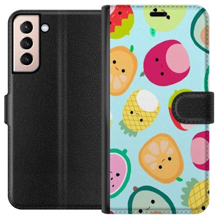 Kompatibel Tegnebogsetui til Samsung Galaxy S21 Mønster af kawaii frugter som jordbær citron ananas og avocado på lyseblå baggrund