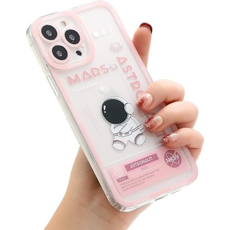 för iPhone 13 mini Genomskinligt Sött Skal, Cool Tecknad Astronaut Rymdraket Måne Design Stilren TPU Stötfångare (iPhone 13 mini, Rosa Mars)