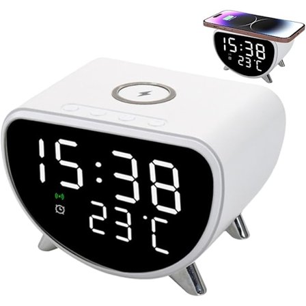Skrivebordsklokke med trådløs lading - LED-vekkerklokke for skrivebord med temperaturmåler | 15W rask trådløs ladestasjon, Sleep Timer for