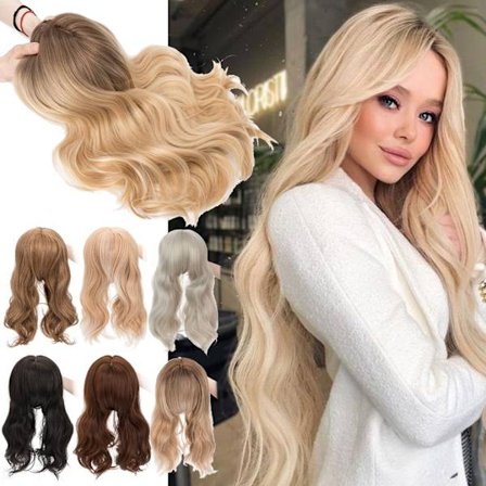 Snoilite Syntetiskt långt lockigt vågigt hår Toppers Ombre Blond Clip Hårförlängningar Naturlig Svart 3-klipp med Bang Fake Hairpieres