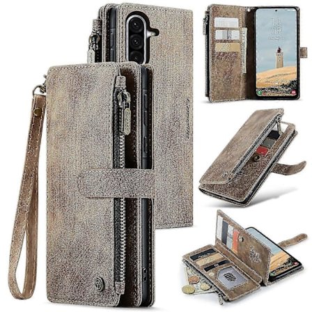 Läderplånbok med dragkedja och kortfack för CaseMe C30-telefonfodral (Brun, för Samsung Galaxy A56)