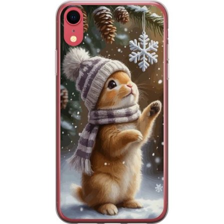 Kompatibelt Mobildeksel til Apple Apple iPhone XR Vinterkanin med lue og skjerf som beundrer en snøflak, et varmt og sjarmtfullt vintermotiv fylt av