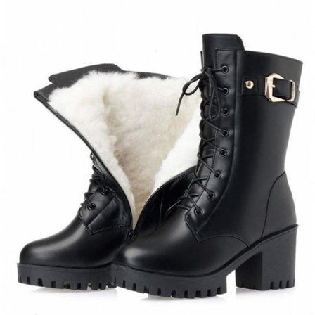 Dam Plattform Kile Lace Up Støvler Uten Slipning Føtter PU Lær Støvler Gave Til Jul Bursdag Nyttår Svart