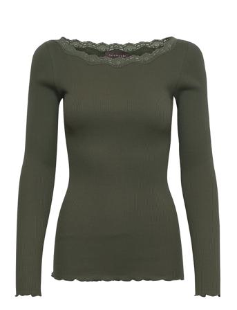 Organic T-Shirt W/Lace T-shirts & Tops Long-sleeved Vihreä Rosemunde