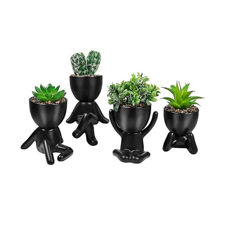 4 st Konstgjorda Suckulentplanterare, Mini Krukväxter i Keramik med Suckulenter, Människformade Svarta Krukor Små Krukor