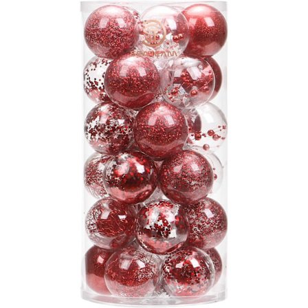 Heyone 60mm/2,36" krossäkra genomskinliga julgranskulor i plast, dekorativa julgranskulor med fyllning (30 st, röda)