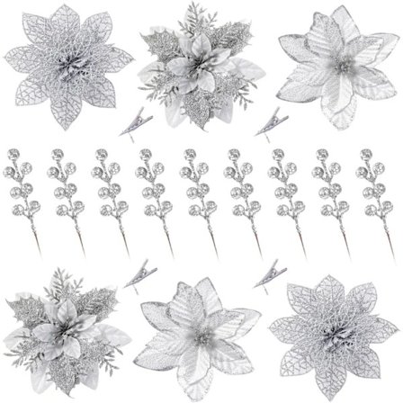 30 stk. 3 stilarter juleglimmer julestjerne blomster kunstige bærpluk juletræspynt kunstige juleblomster med klemmer (sølv)