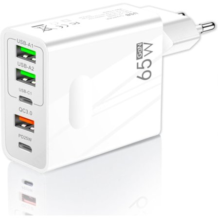 65W USB-lader med 5 porter: 2 USB-C + 3 USB-A | Hurtiglading-QC 3.0 | Kompatibel med Samsung/iPhone/Xiaomi/etc