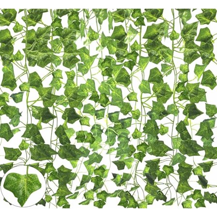 12 Pakke Kunstig Eføy Girlander, Falsk Vinstok Hængende Eføy Planter UV-Bestandig Grønt Løv til Fest Kontor Hage Soverom Veggdekorasjon