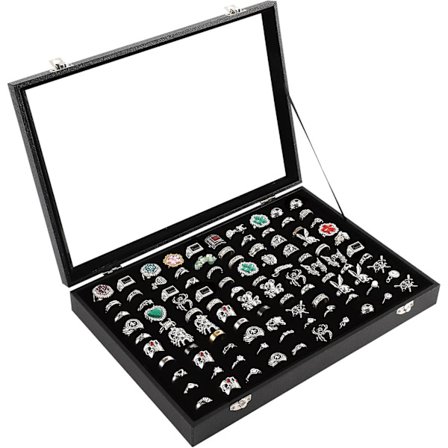 100 Slots Ring Case Organizer Display Box, rings Holder Storage Boxes For Jewelry Showcase With Glass Lid (svart sammet).