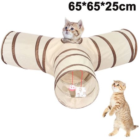 Kattetunnel, sammenleggbart 3-veis leketøy - Rør moro for kaniner, kattunger og hunder, kaffe + beige