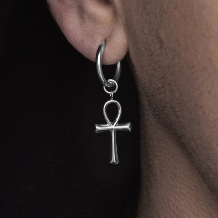 Pendiente de aro de acero plateado con colgante de Anj para hombres - Pendientes de aro con colgante