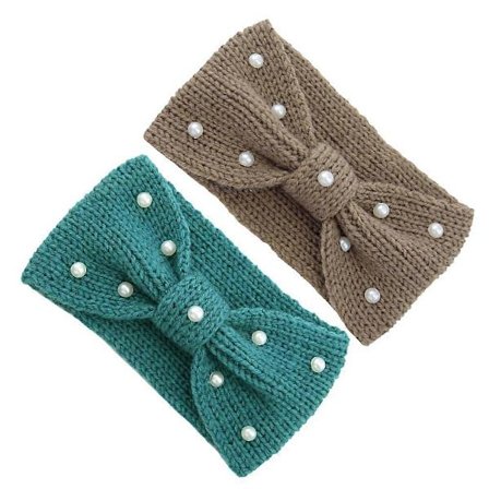 Chic Strikket Ørevarmer Pandebånd til Kvinder med Vintage Perlesløjfe 2 stk. Hyggeligt Hår Tørklæde til Vintervandring og Fester