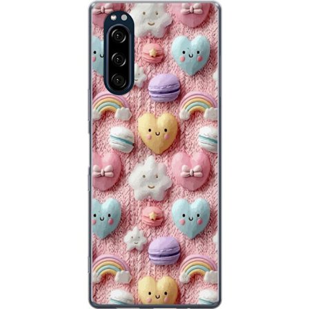 Yhteensopiva Puhelinkuori Sony Xperia 5 Pastellimotiiivi sydämillä, pilvillä, sateenkaarilla ja makaronseilla vaaleanpunaisella taustalla suloisessa u
