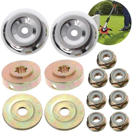 8 kpl yleiskäyttöistä ruohonleikkurin terän lisävarustetta, joissa on 5 kpl kiinnitysmutteria