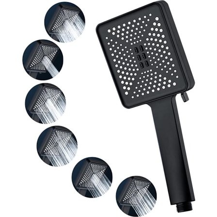 Luksus Vandbesparende Brusehoved Sort Firkantet - 6 Sprayindstillinger - Højtryk & Anti-Kalk Dyser