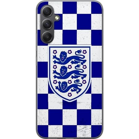 Kompatibel Mobilcover til Samsung Samsung Galaxy A35 Grafisk skakternet mønster i blåt og hvidt med et klassisk heraldisk emblem, retro-inspireret s