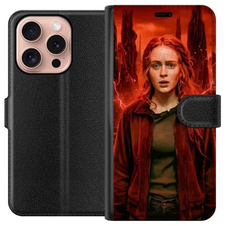 Kompatibelt Plånboksfodral till Apple iPhone 16 Pro Porträtt av en ung kvinna med rött hår i en apokalyptisk landskap, röda blixtar och mörka kl