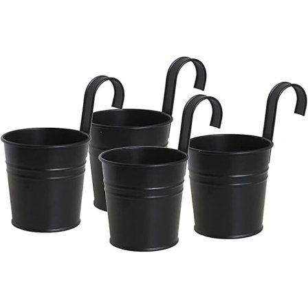 Black Metal Iron Hanging Flower Pots, Durable Buckets with Detachable Hook Hanging Planters for Outdoor Indoor 4 Pack