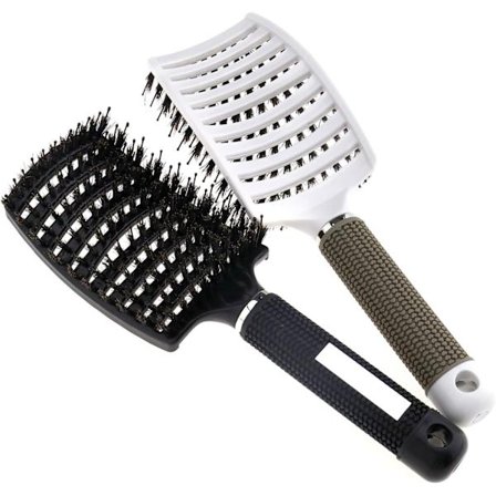 Svart + hvit, 2 villsvinbørster Tofargede børster med lange børster Kamme hår Hurtigtørkende Egnet for grovt og fint krøllete hår og flokete hår