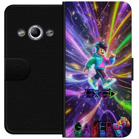 Kompatibel Tegnebogsetui til Samsung Galaxy Xcover 3 Energi-fyldt gamingillustration med blok-lignende figur, neonfarver, lyseffekter og bevægelse i