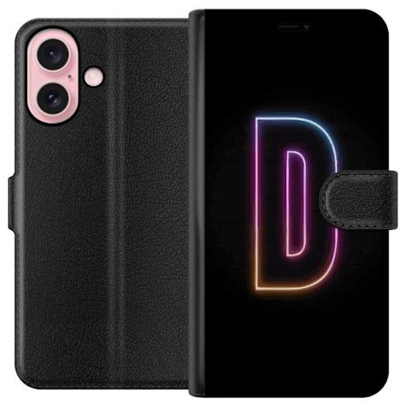 Kompatibel Tegnebogsetui til Apple Apple iPhone 16 Minimalistisk neonbogstav D i farveskiftende lys mod sort baggrund i moderne digital design