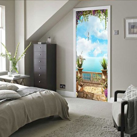 3D blå himmel og sjø dør klistremerke