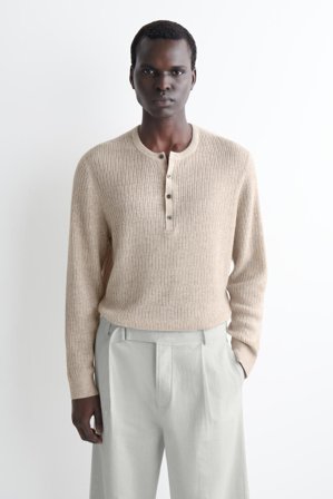 COS Men's Cashmere-Linen Henley T-Shirt in Beige